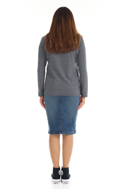 Womens Long Sleeve Cotton Top - CHARCOAL