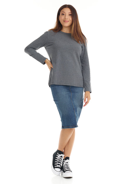 Womens Long Sleeve Cotton Top - CHARCOAL