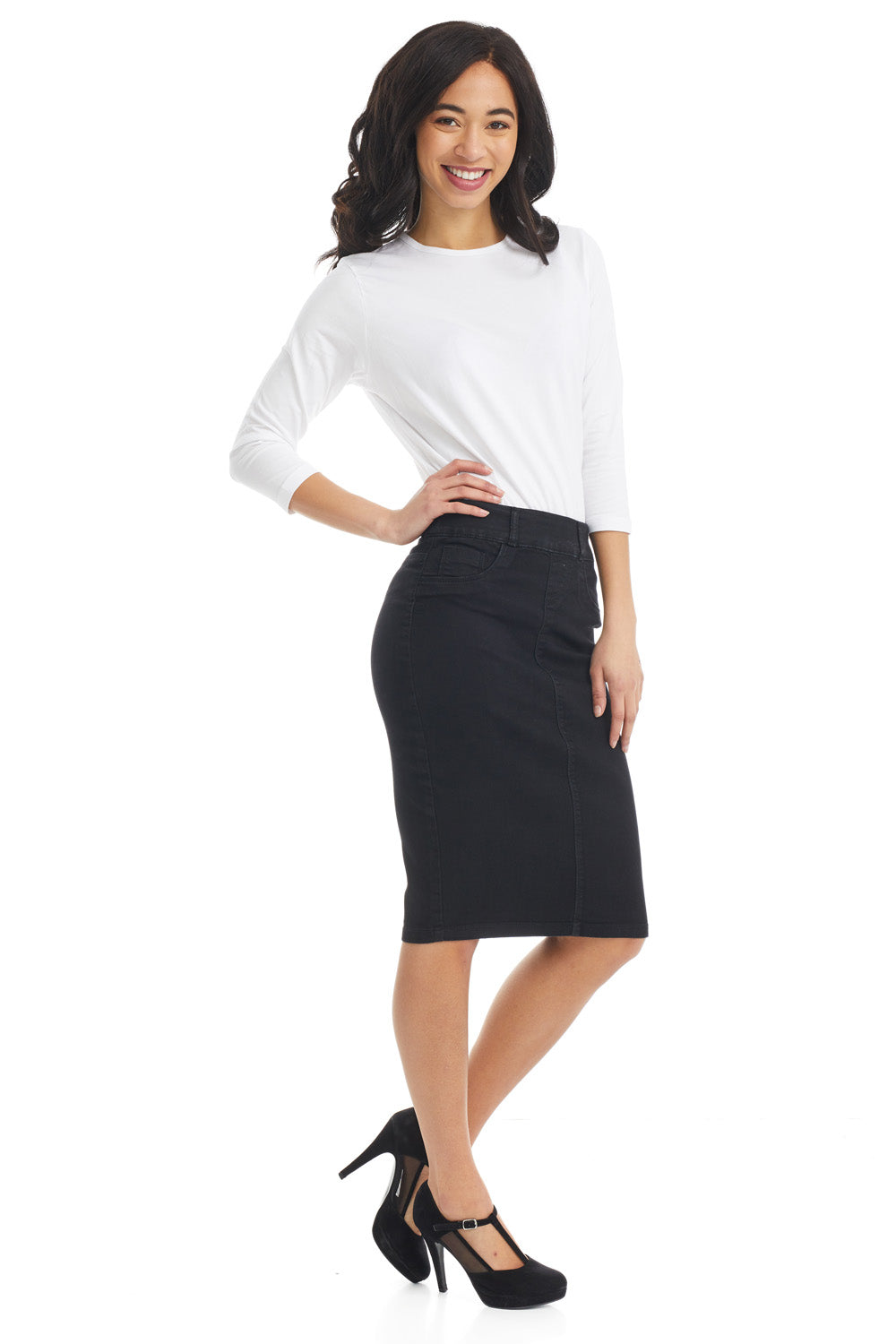 Esteez BROOKLYN Denim Skirt - Below the knee Jean Skirt for women - Black