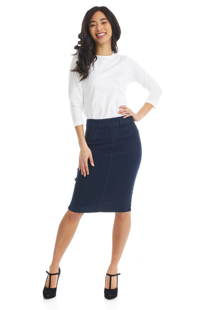 Navy below knee length denim jean skirt 'Brooklyn'