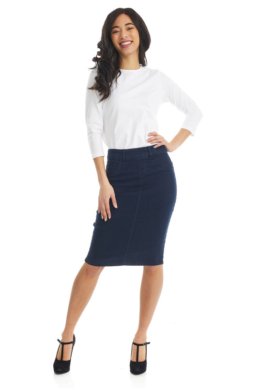 Esteez BROOKLYN Denim Skirt - Below the knee Jean Skirt for women - Navy
