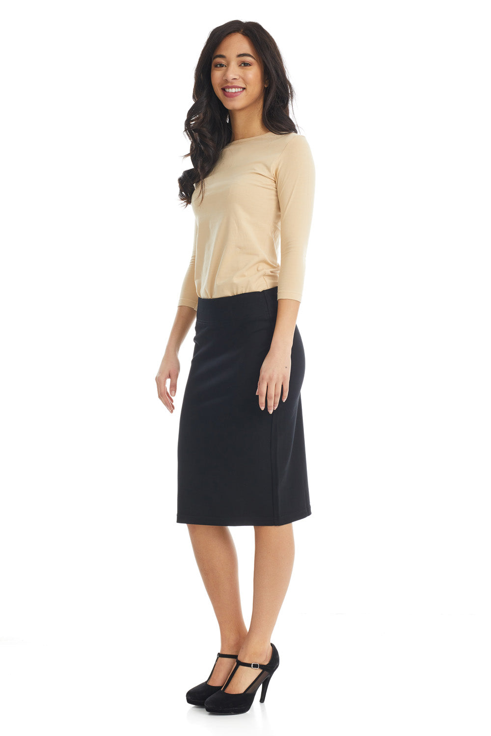 black straight office below the knee pencil skirt without slit and without pockets