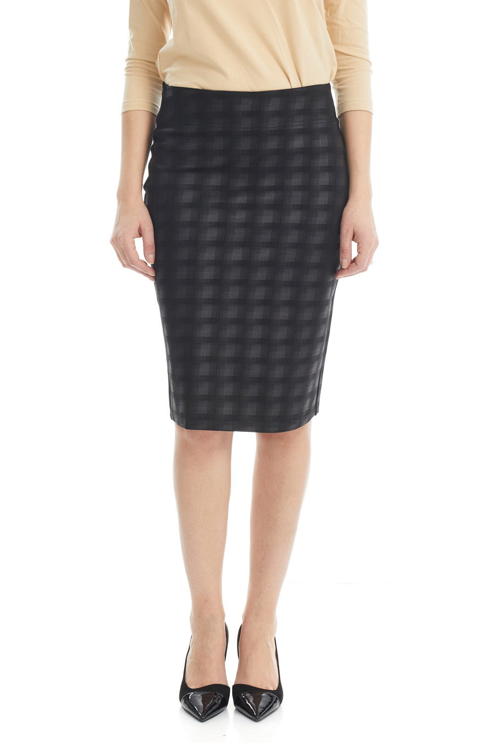 black plaid straight pencil skirt without slit and without pockets