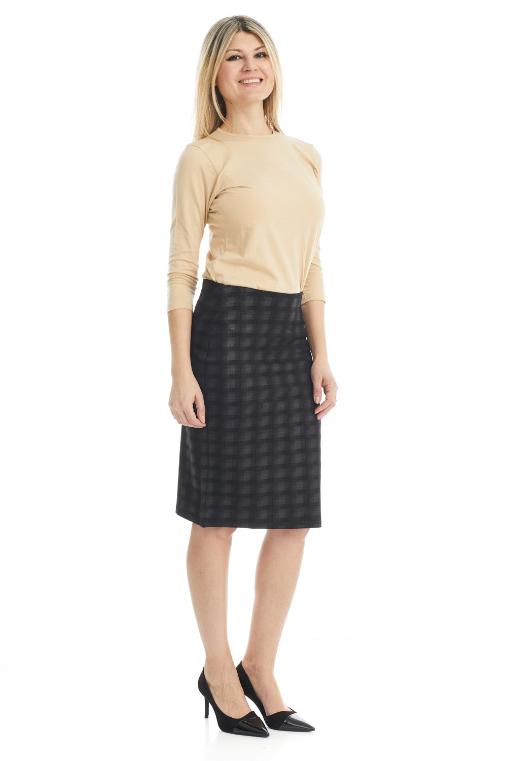 black plaid knee length modest tznius pencil skirt without slit and without pockets