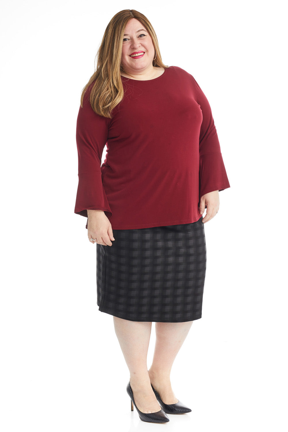 black plaid straight office below the knee pencil skirt without slit and without pockets