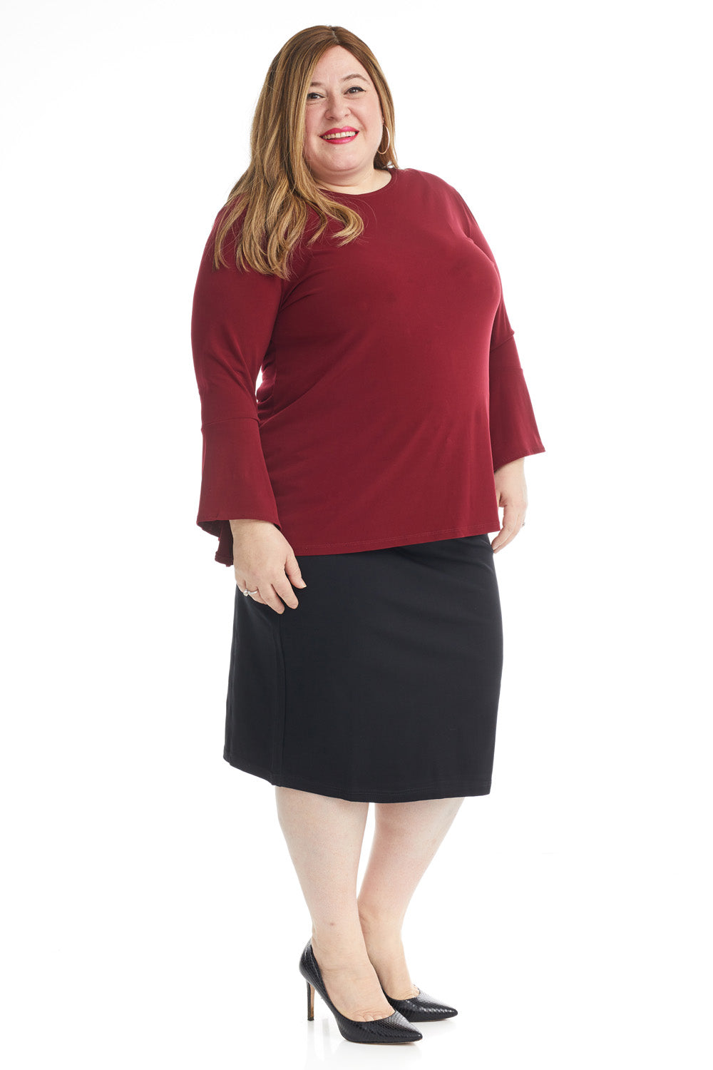 black straight below the knee pencil skirt without slit and without pockets