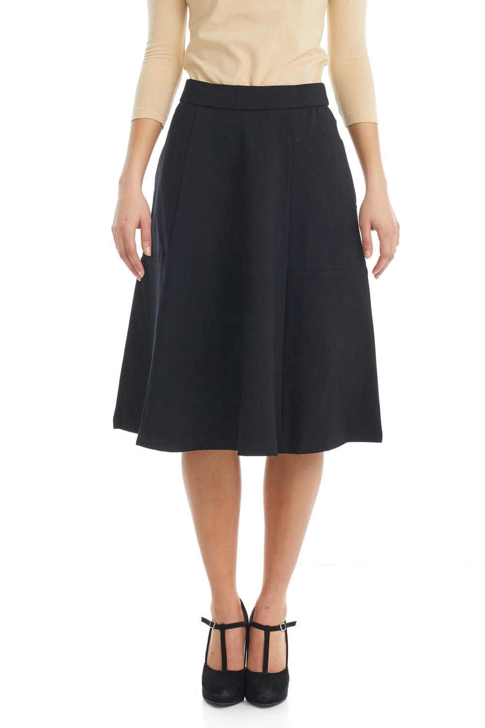 black ponte circle skater skirt with pockets for women