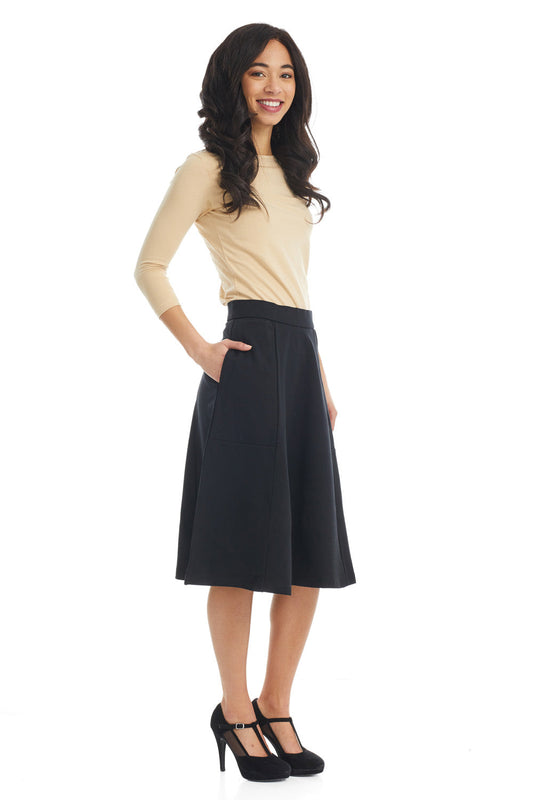 black fancy modest A-Line skater skirt with pockets for women