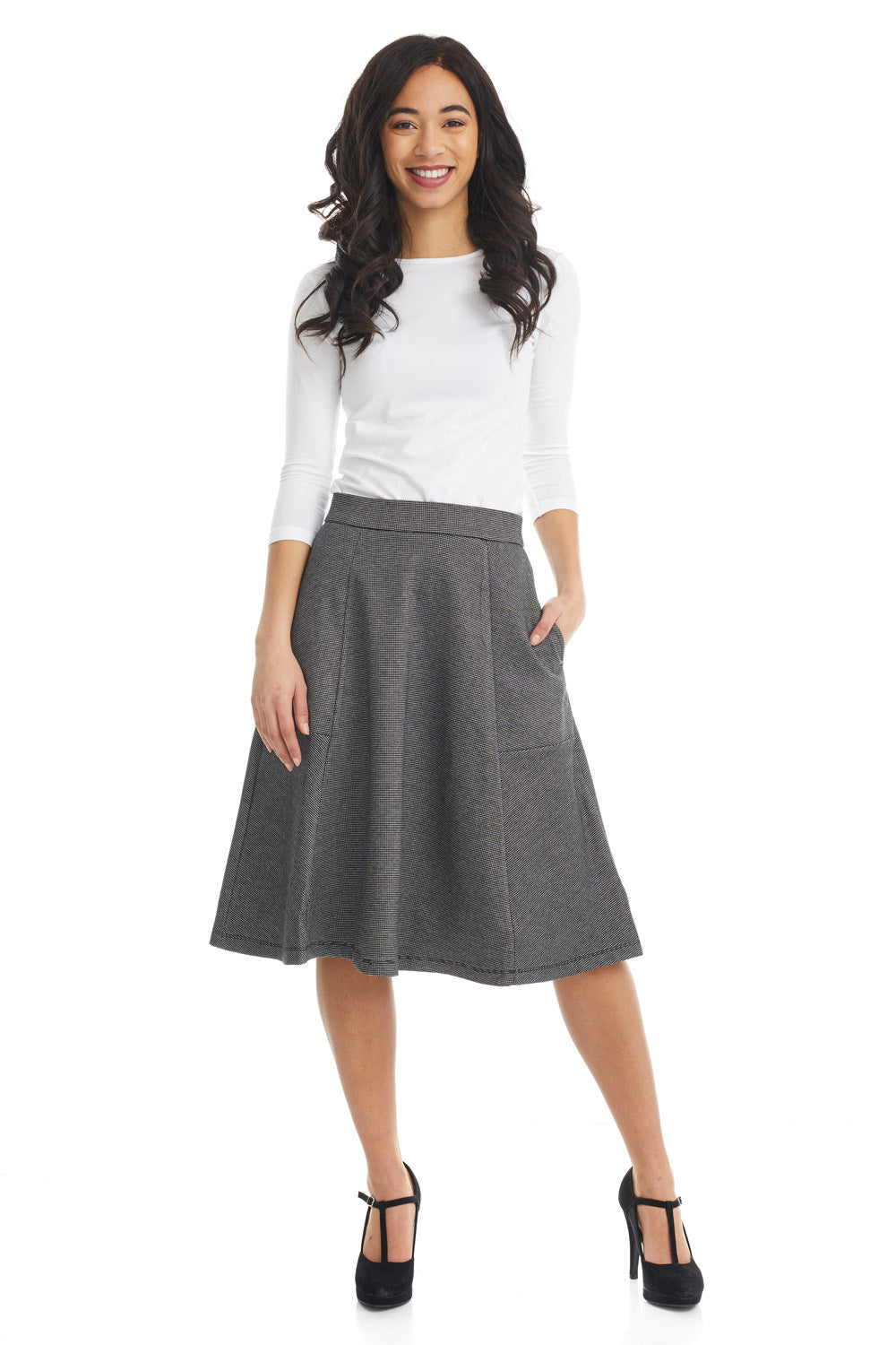 black and white jacquard ponte A-Line skater skirt with pockets for women