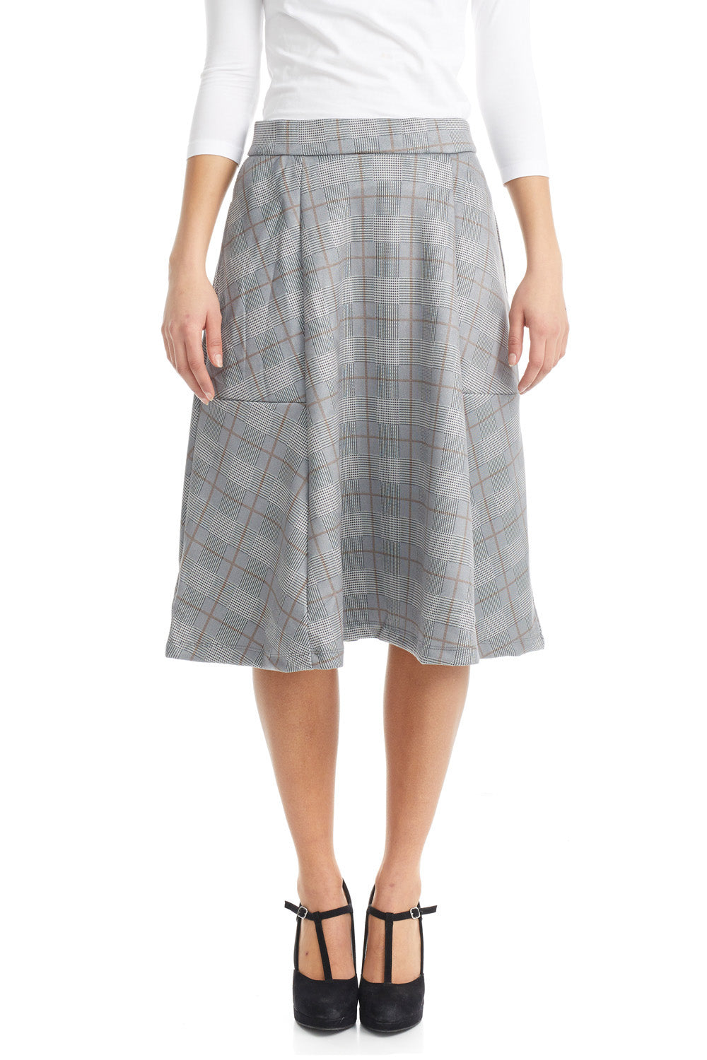 plaid fancy modest A-Line skater skirt with pockets for women