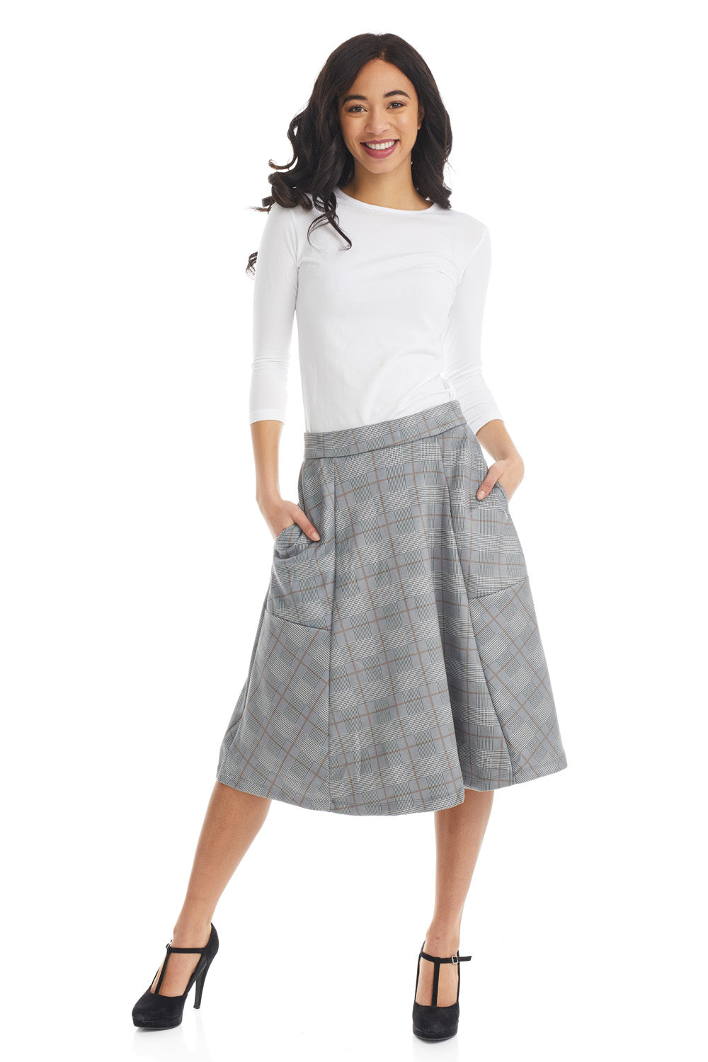 black plaid ponte A-Line skater skirt with pockets for women