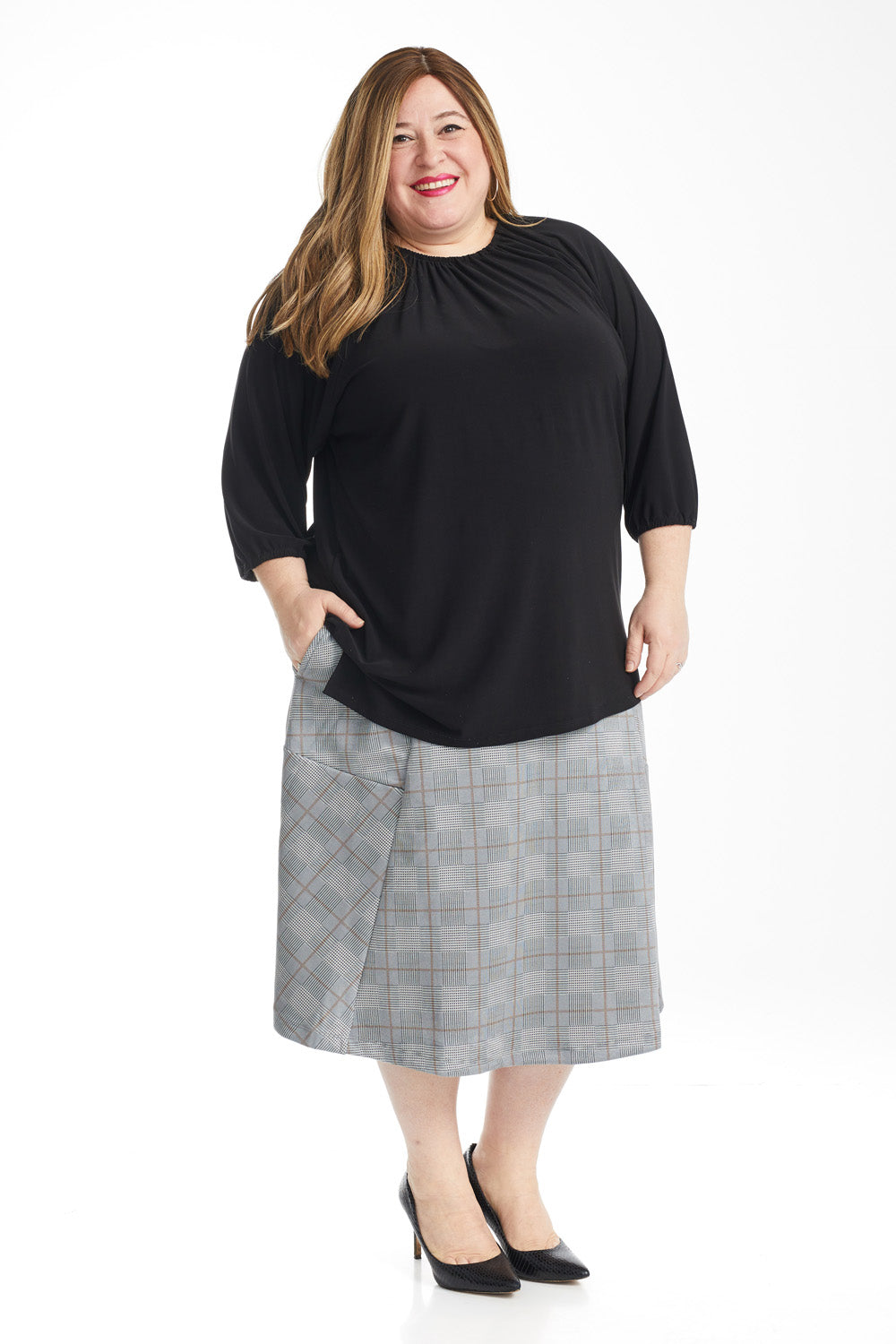 black plaid flary below the knee office skirt for women