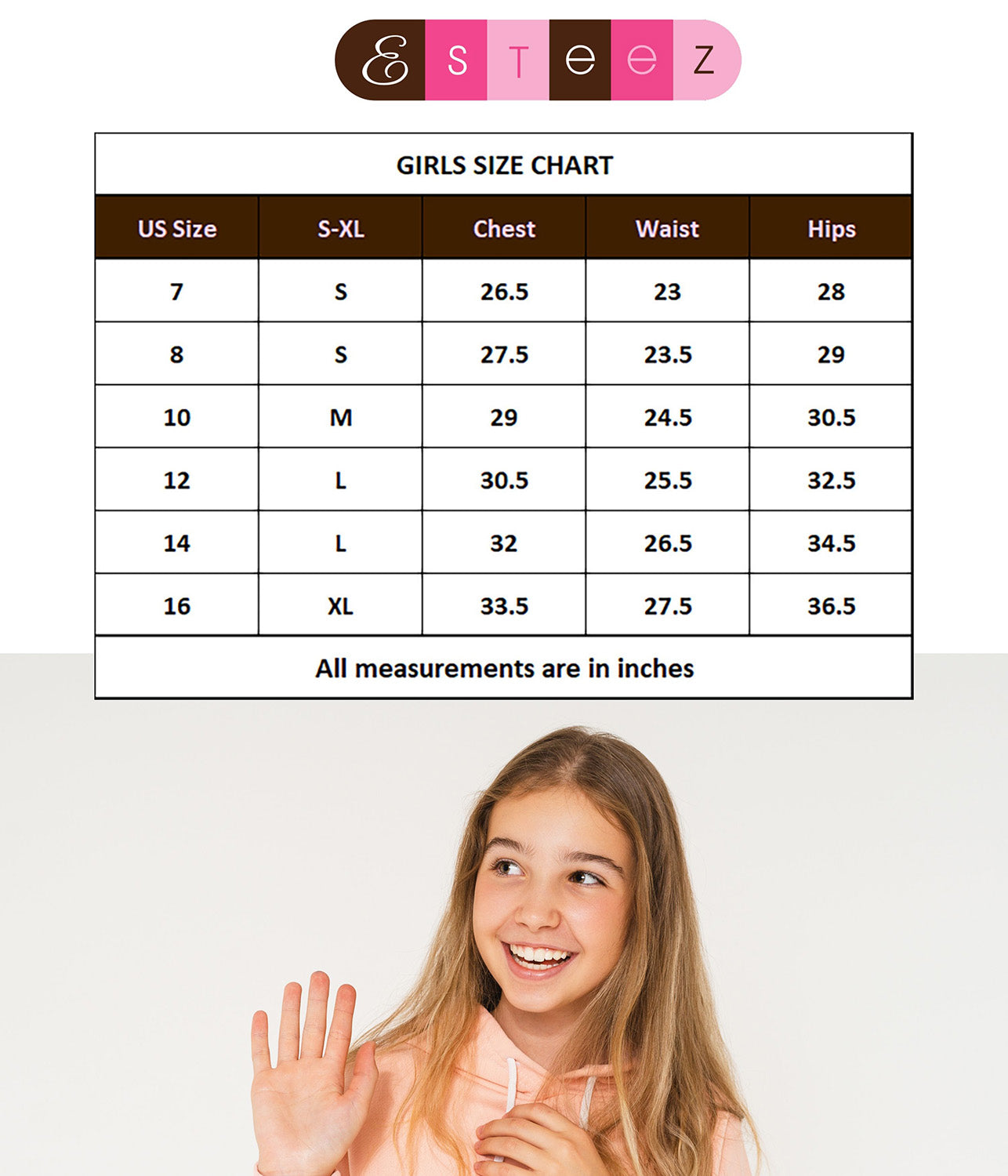 esteez size chart for girls