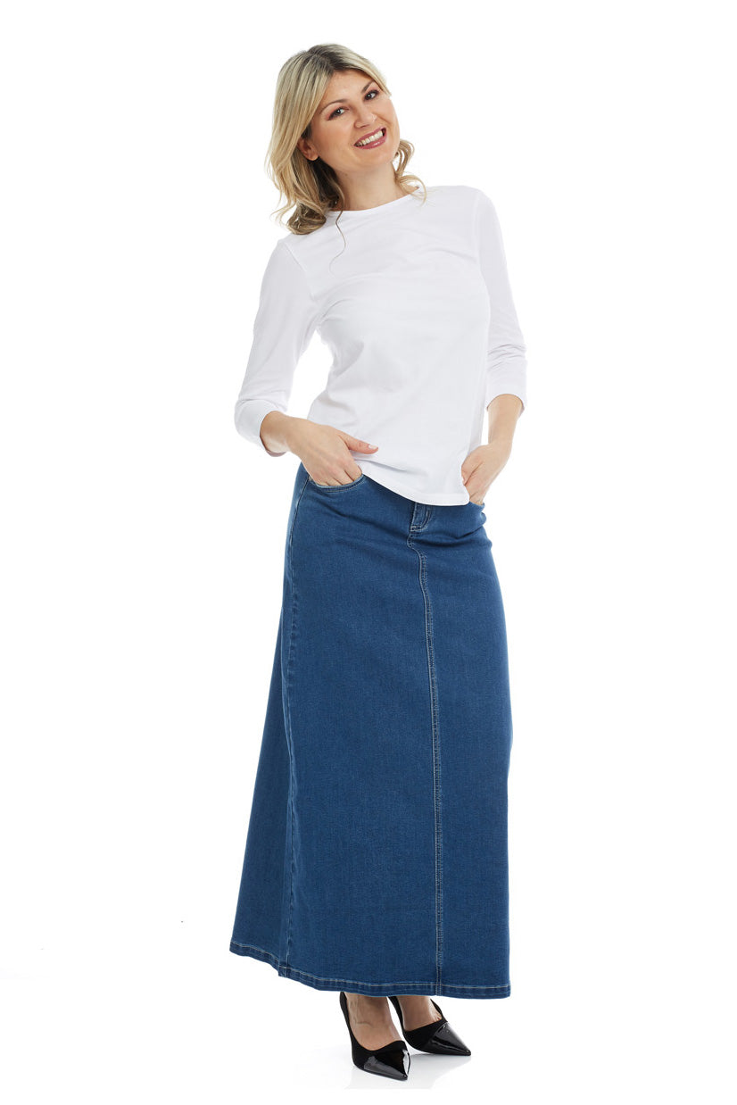 woman wearing Ankle Long Denim Maxi A-Line Jean Skirt