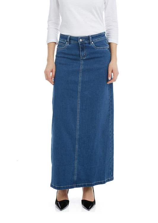 woman wearing Ankle Long classic blue Denim Maxi A-Line Jean Skirt with pockets