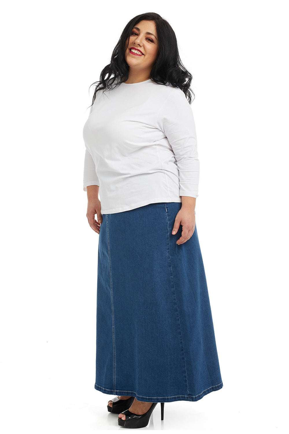 woman wearing Ankle Long blue Denim Maxi A-Line Jean Skirt