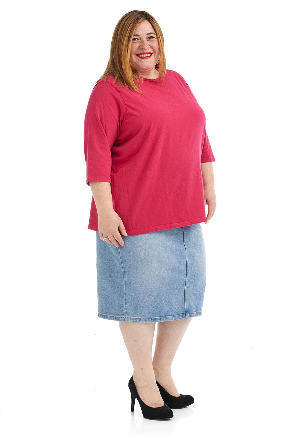 plus size light blue below knee length modest jean pencil skirt with pockets