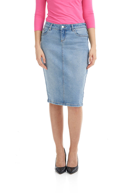 light blue knee length modest jean pencil skirt with pockets