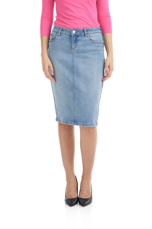 light blue knee length modest jean pencil skirt with pockets