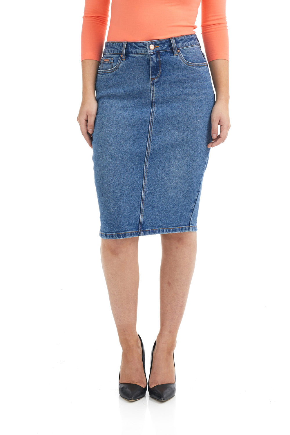 dark blue knee length modest jean pencil skirt with pockets