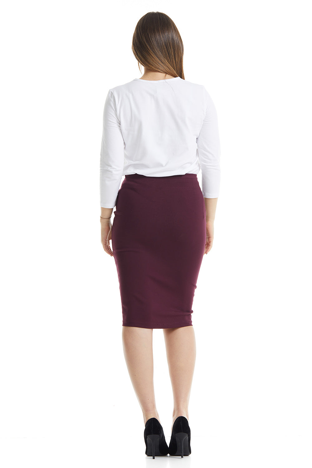 burgandy knee length pencil skirt for women