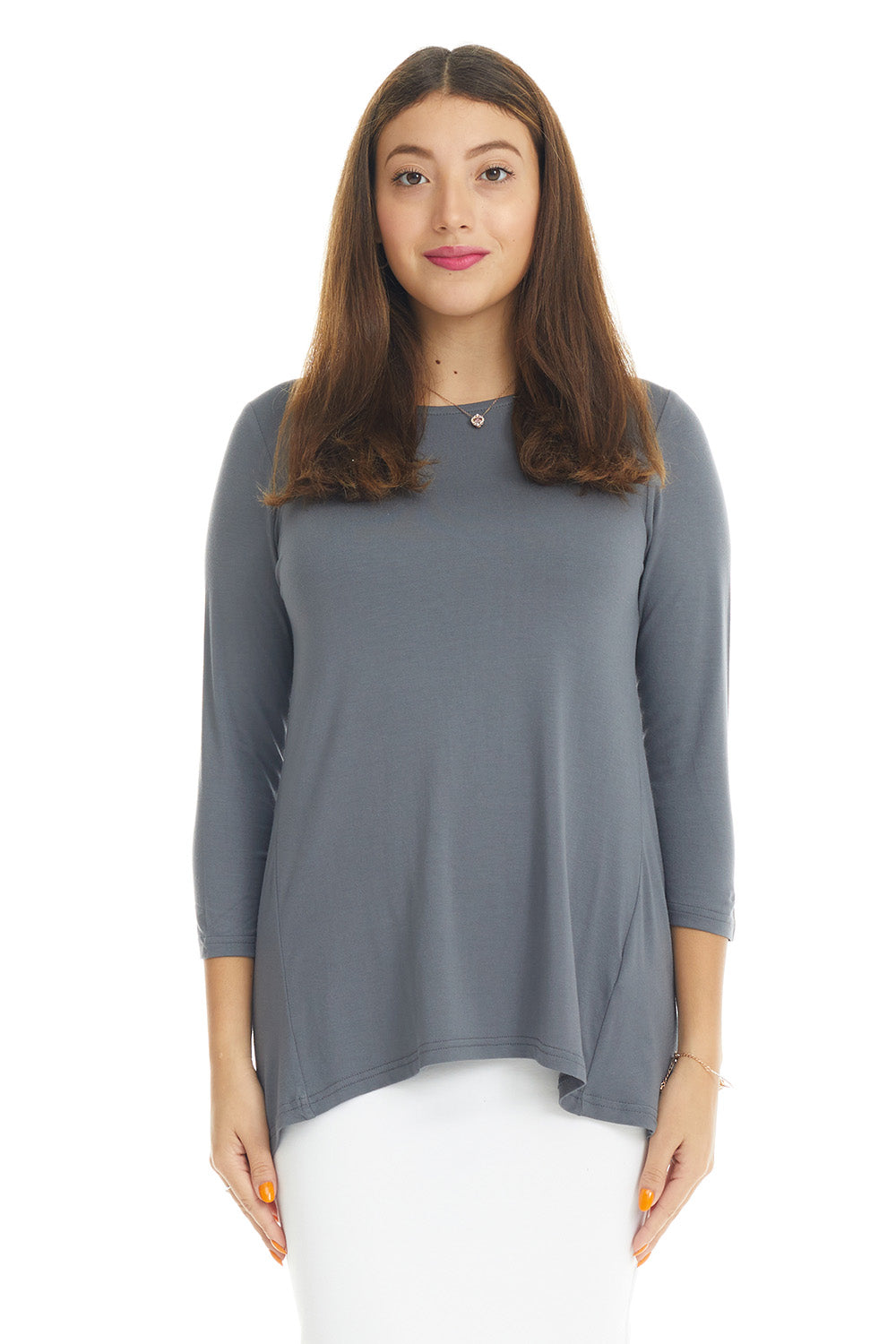  woman wearing a charcoal grey gray crew neck high-low loose tunic top