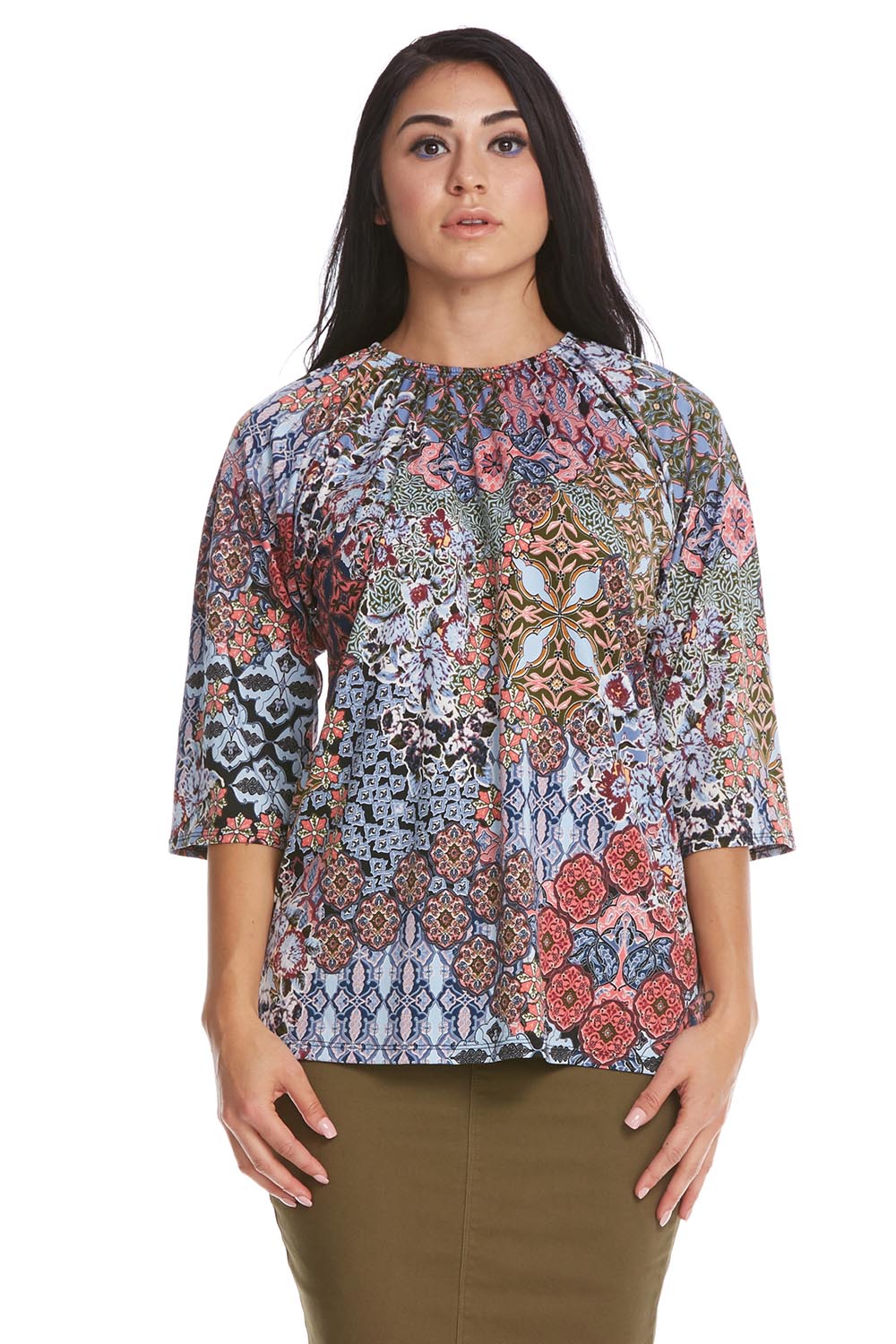 blue mosaic print modest 3/4 sleeve top with pretty ruching