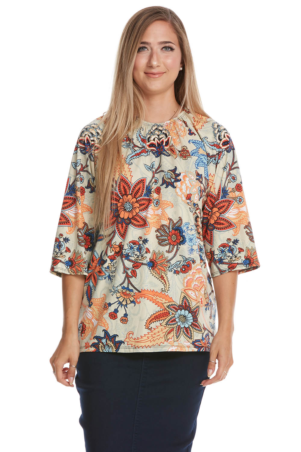 orange beige print modest 3/4 sleeve top with pretty ruching