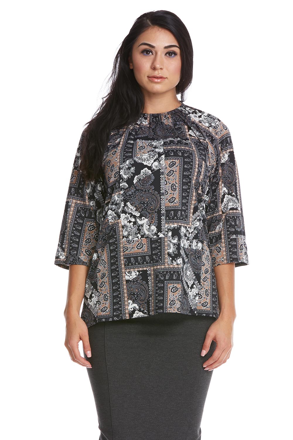 taupe print modest 3/4 sleeve top with pretty ruching