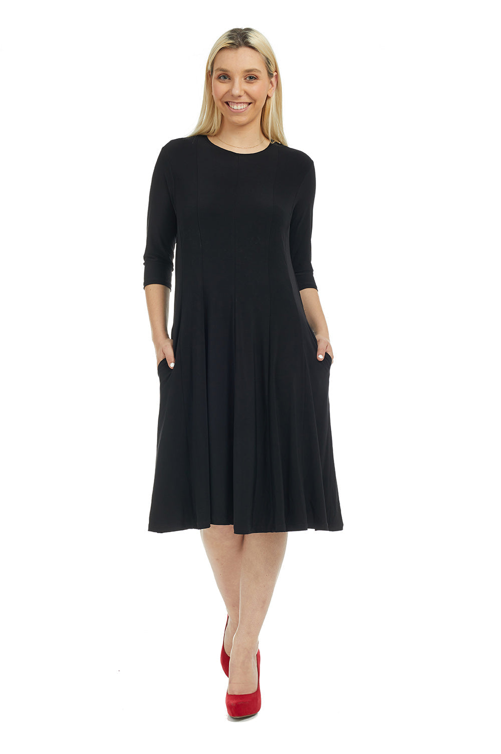 black 3/4 sleeve crew neck knee length fit and flare dress