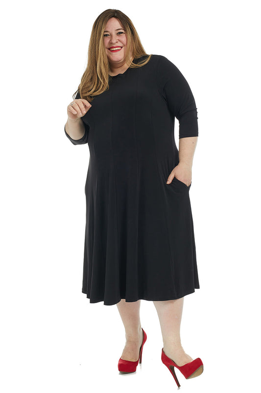 plus size black 3/4 sleeve crew neck knee length fit and flare dress