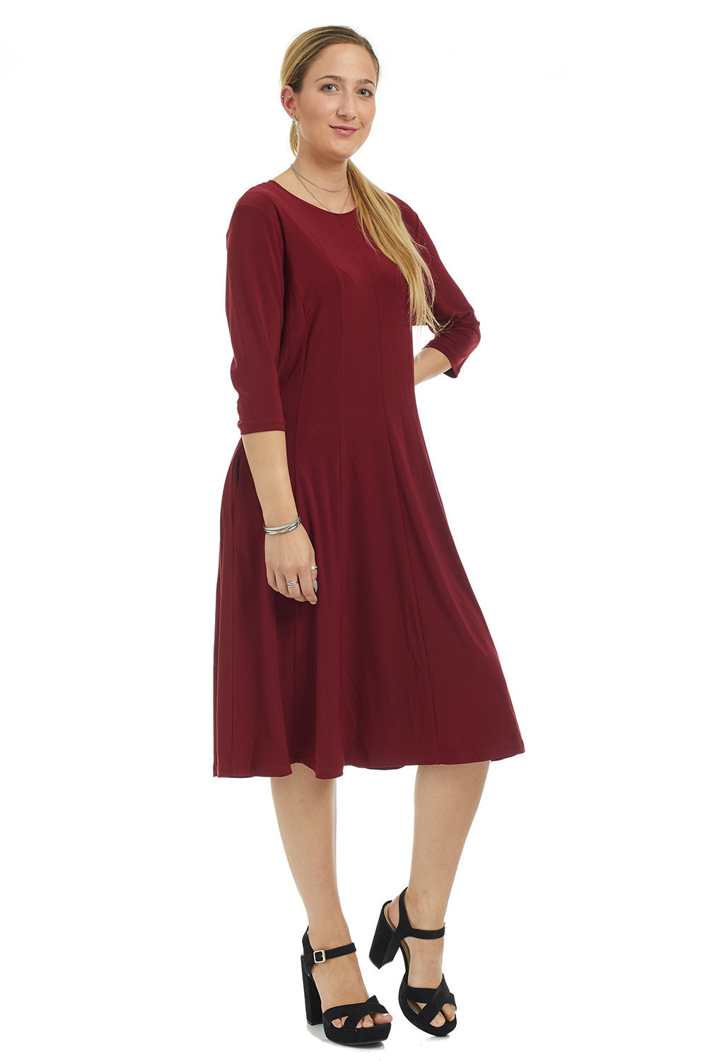 burgandy 3/4 sleeve crew neck knee length fit and flare dress