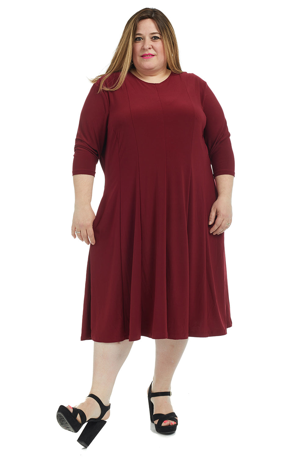 plus size burgandy 3/4 sleeve crew neck knee length fit and flare dress