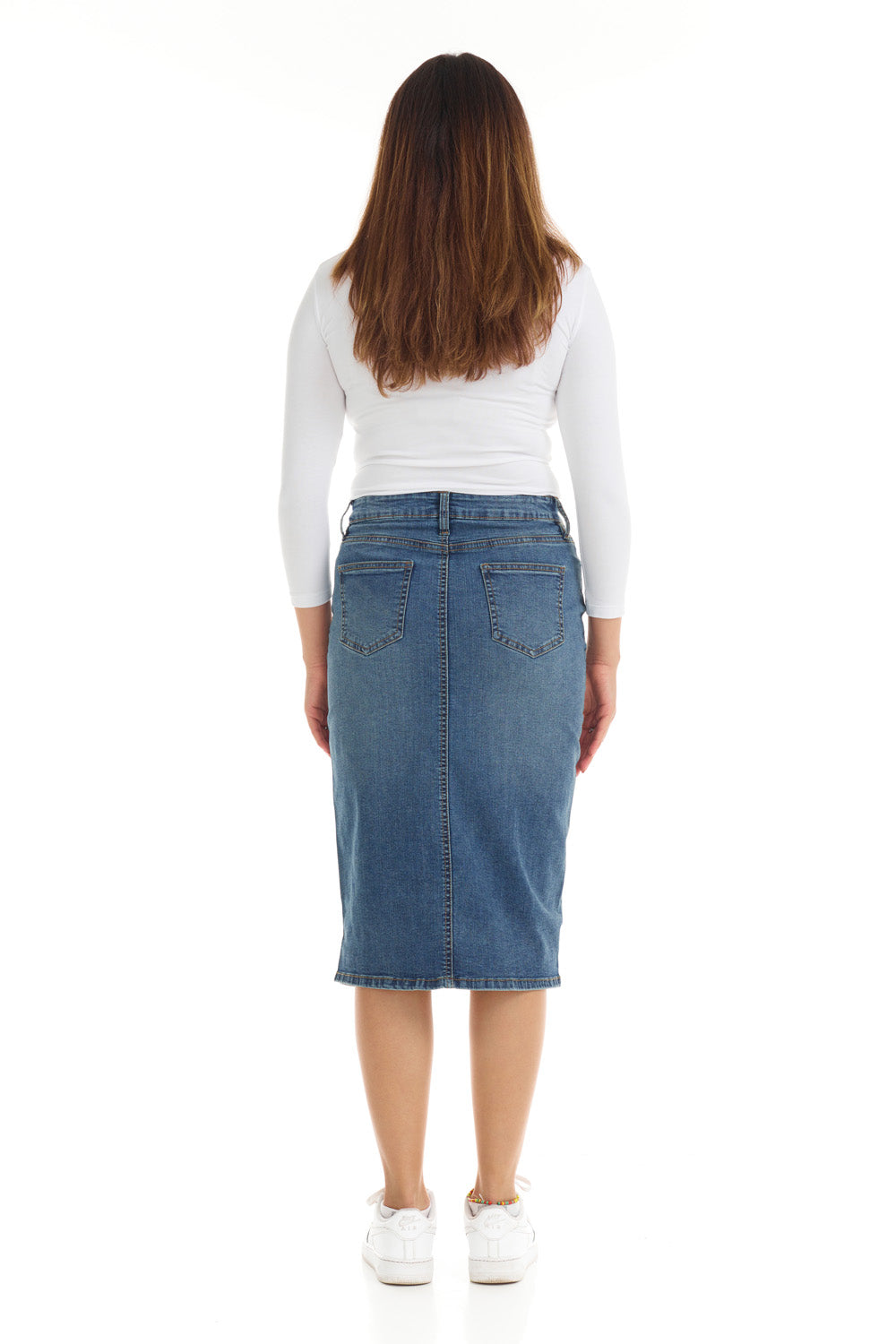 Modest Classic blue jean midi pencil skirt for women with button zipper and pockets