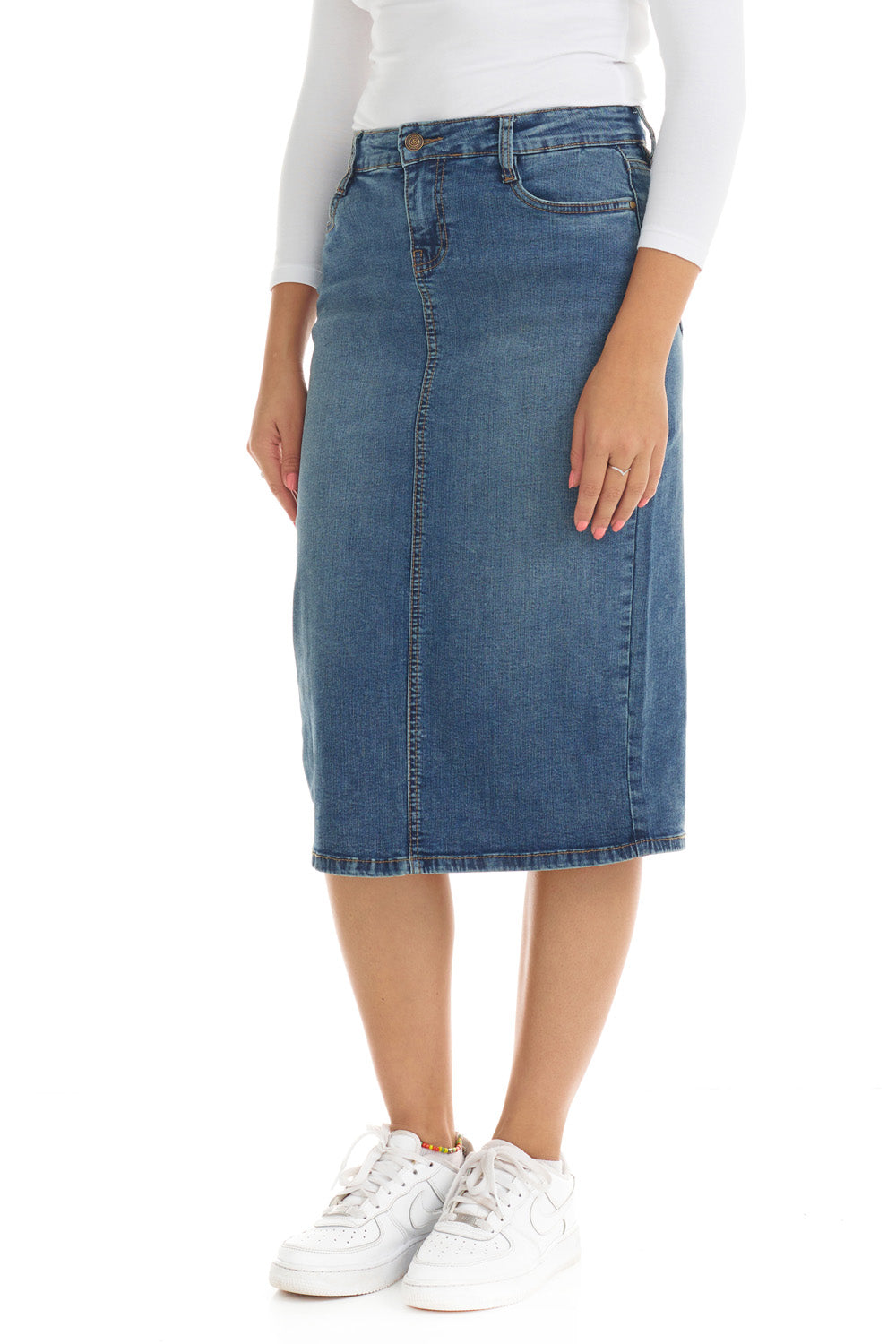 Classic blue jean midi pencil skirt for women with button zipper and pockets