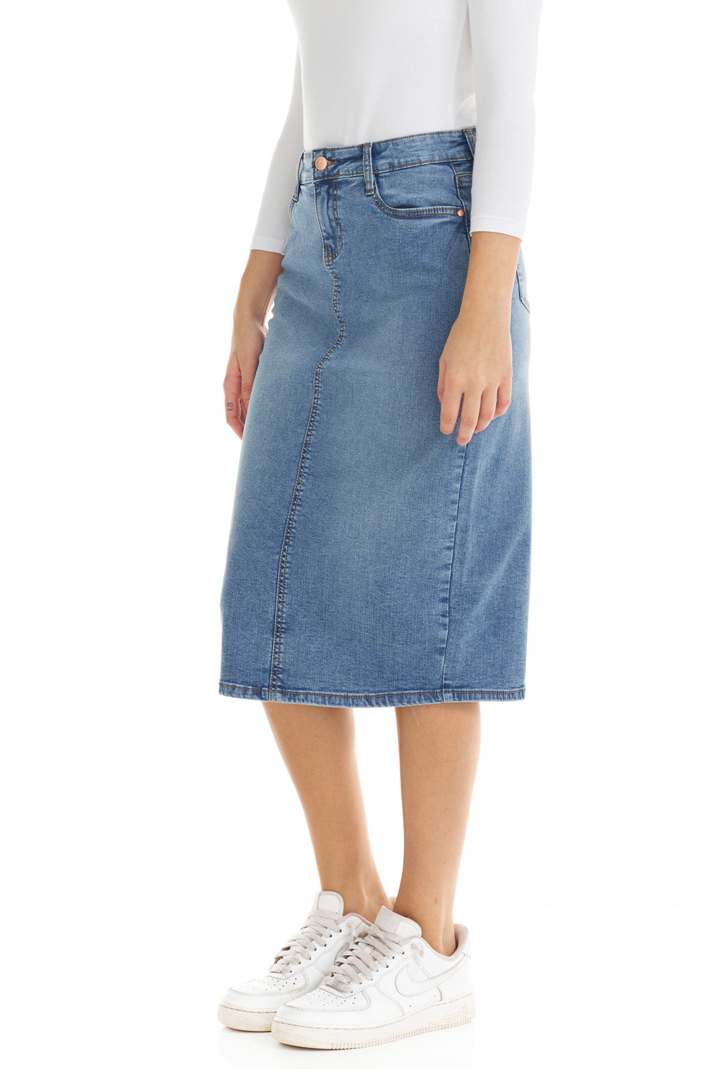 modest blue mid length denim pencil skirt with button zip