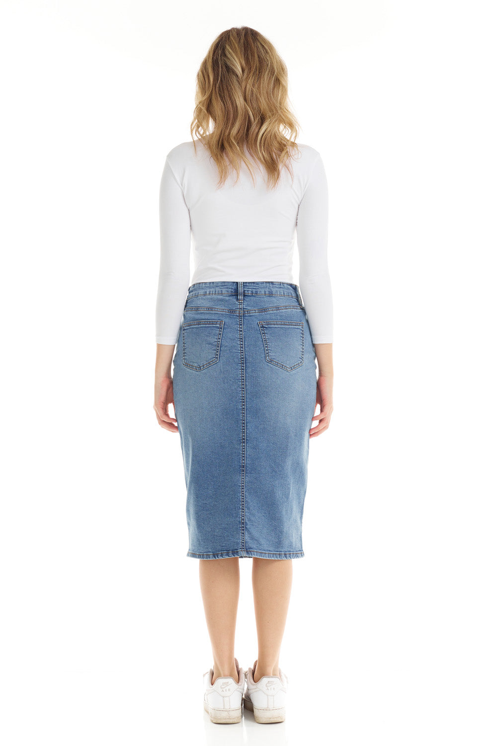 Esteez MILAN Denim Skirt - Midi Below Knee Length Two-Tone Jean Skirt for WOMEN