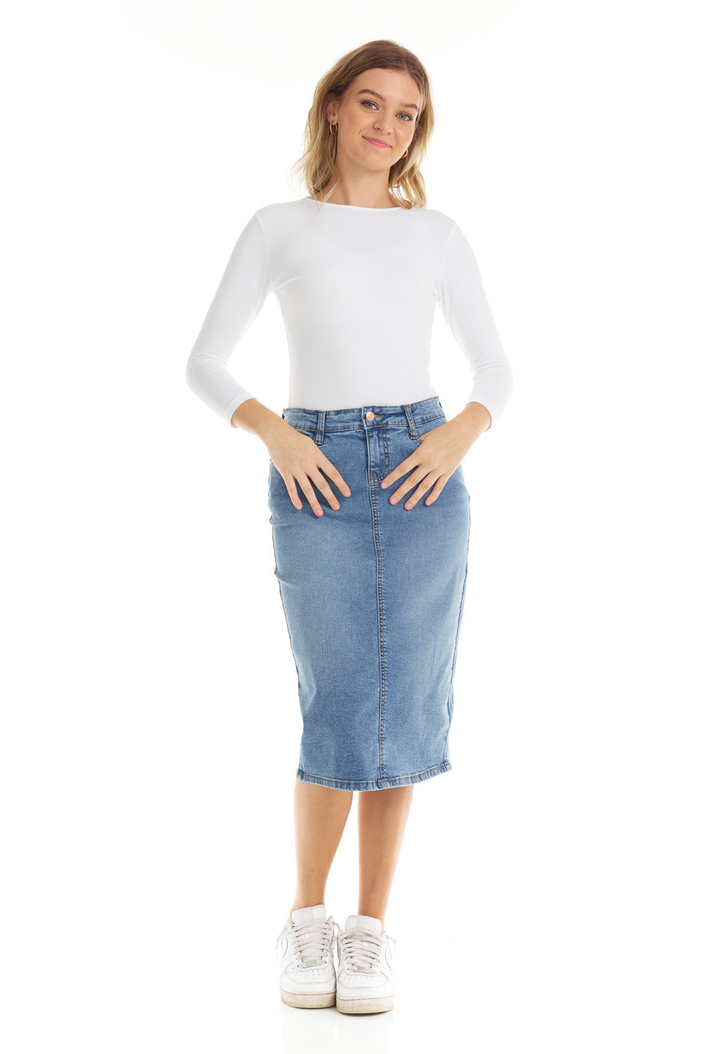 modest midi pencil jean skirt for women