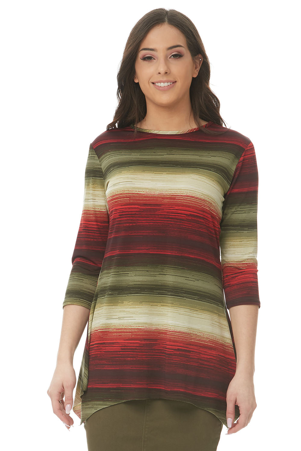 red and green  print modest 3/4 sleeve fancy t-shirt with sharkbite side hem