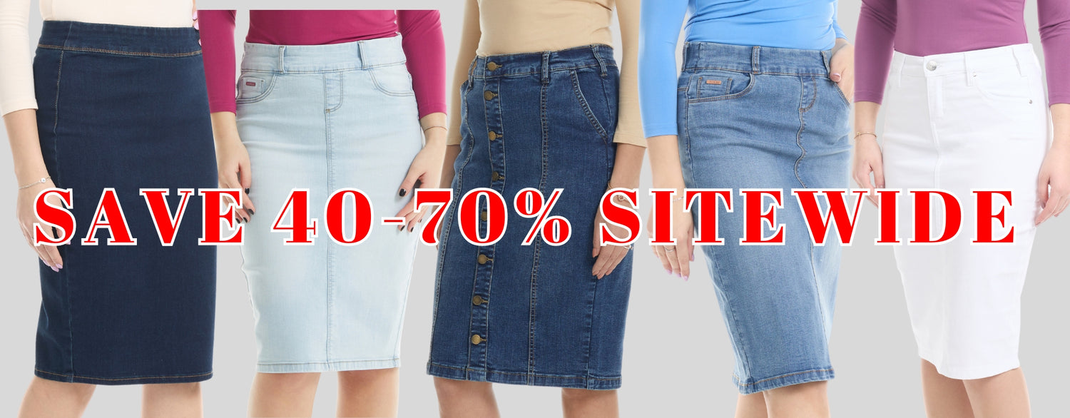 sale on modest clothes denim jean skirts tops and dresses for women at factory outlet prices 