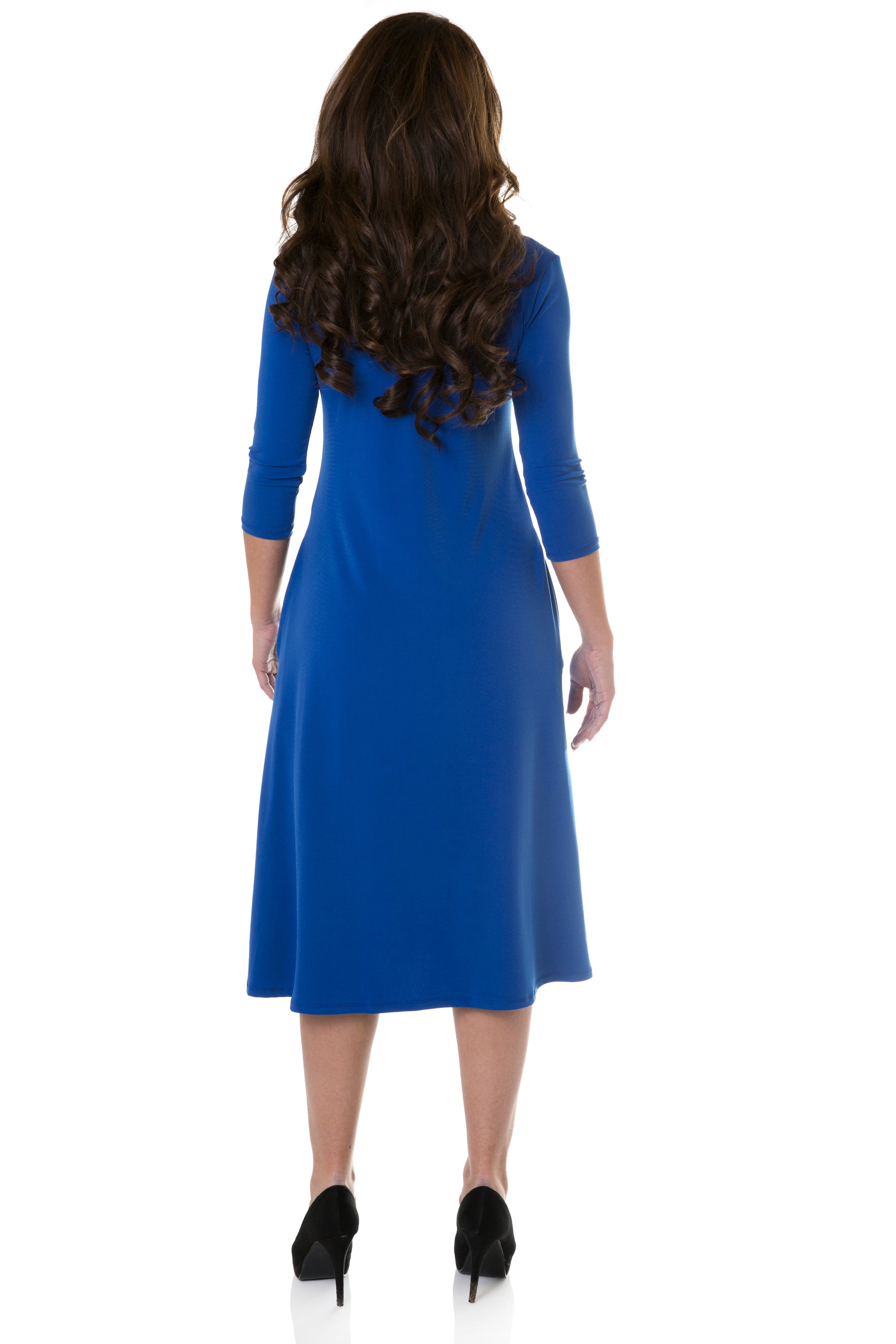 woman wearing cobalt blue flary 3/4 sleeve knee length modest dress