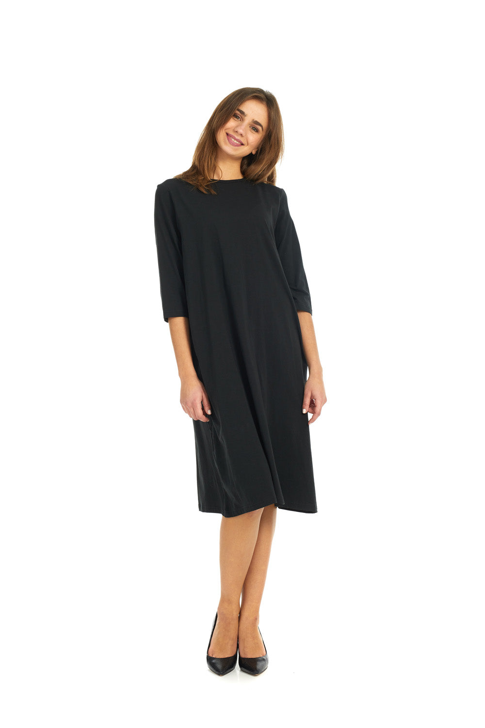 woman wearing a modest knee length, black 3/4 sleeve cotton tee shirt dress