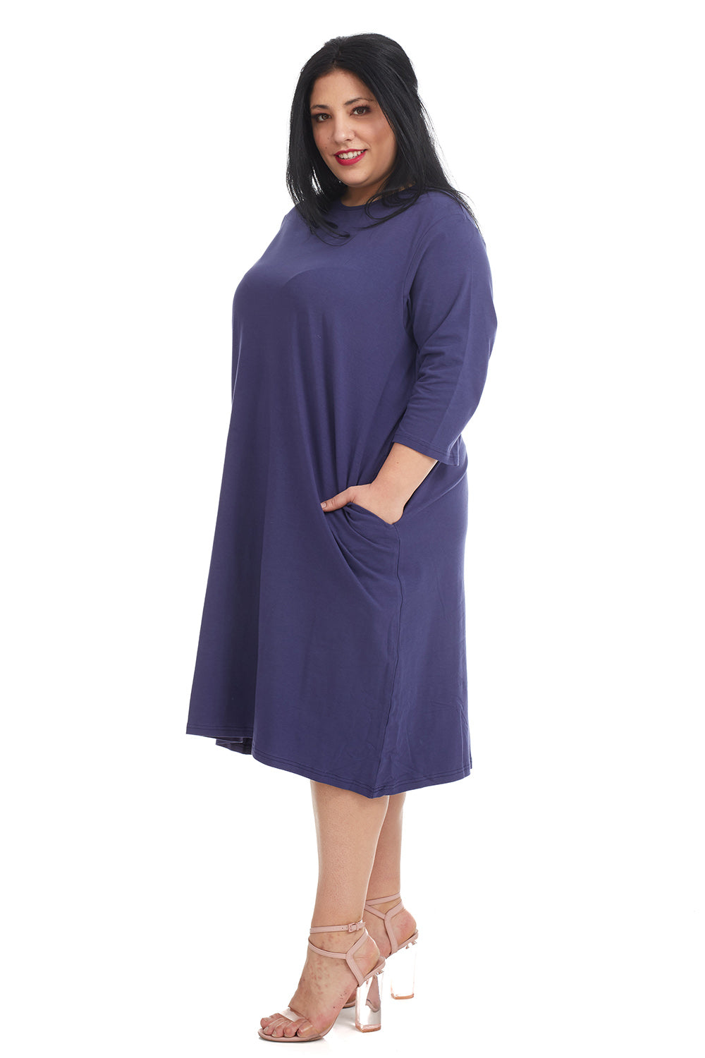 plus size woman wearing a modest knee length,navy blue 3/4 sleeve cotton t-shirt dress