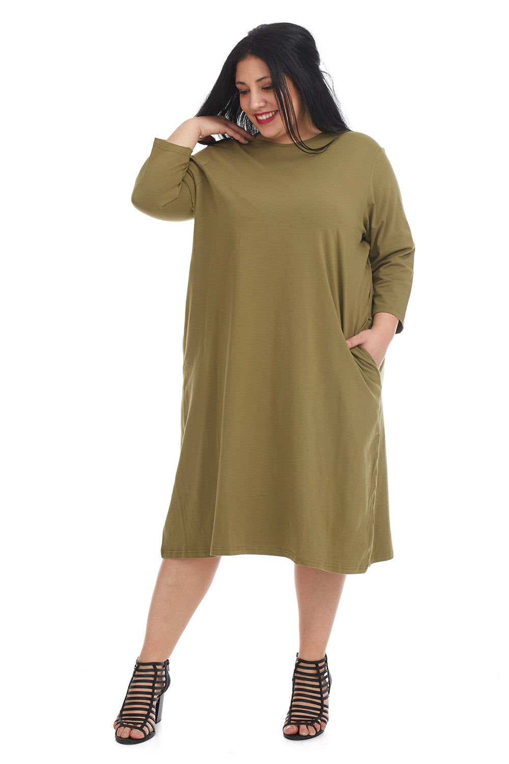 plus size woman wearing a modest knee length, olive green 3/4 sleeve cotton t-shirt dress