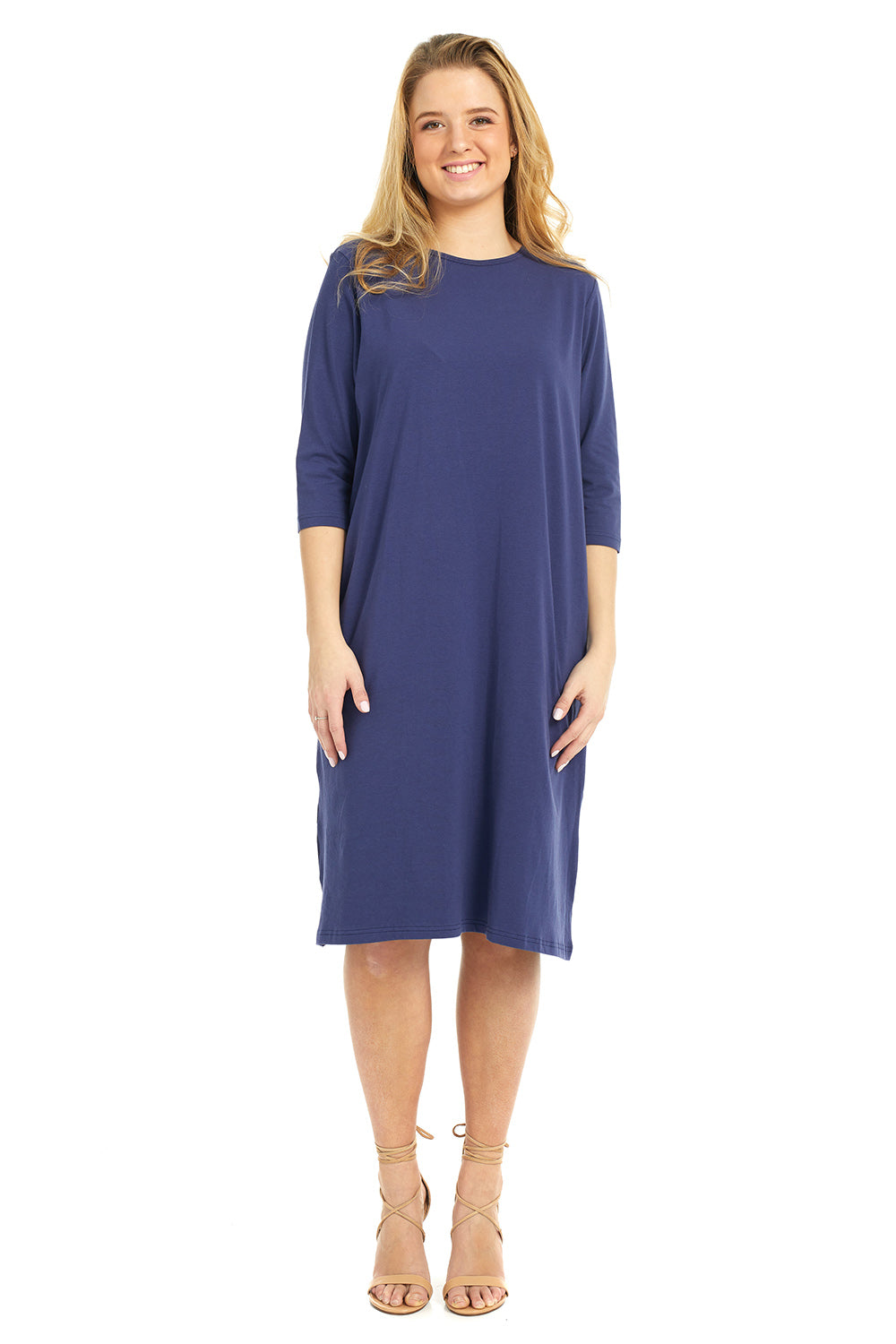 woman wearing a modest knee length,navy blue 3/4 sleeve cotton t-shirt dress