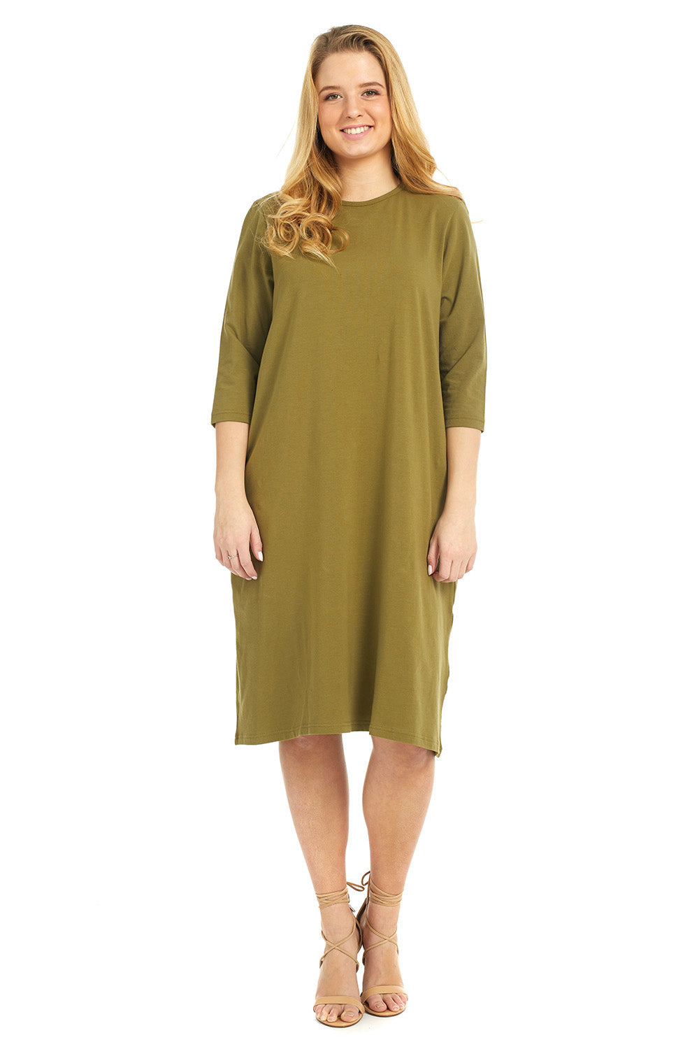 woman wearing a modest knee length, olive green 3/4 sleeve cotton t-shirt dress