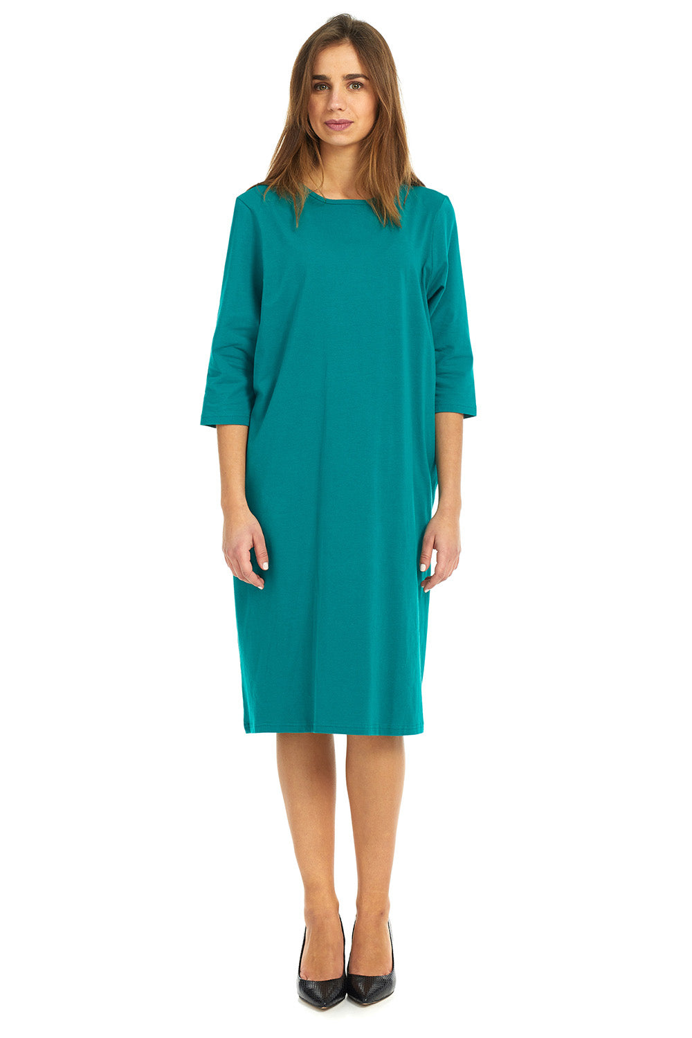 woman wearing a modest knee length, teal turquoise 3/4 sleeve cotton t-shirt dress