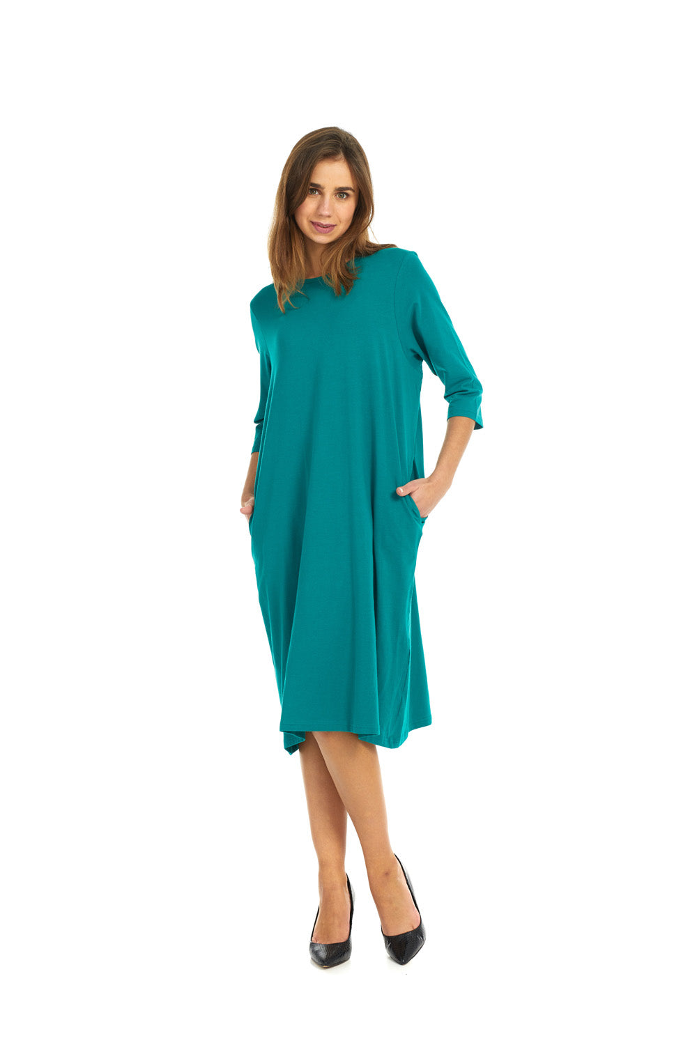 woman wearing a modest knee length, teal turquoise 3/4 sleeve cotton t-shirt dress