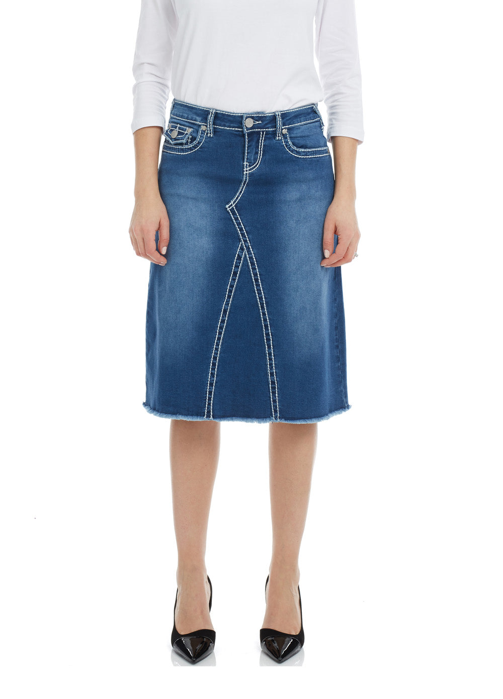 Modest Below the Knee A-line Flary Jean Skirt for Women 'Victoria'