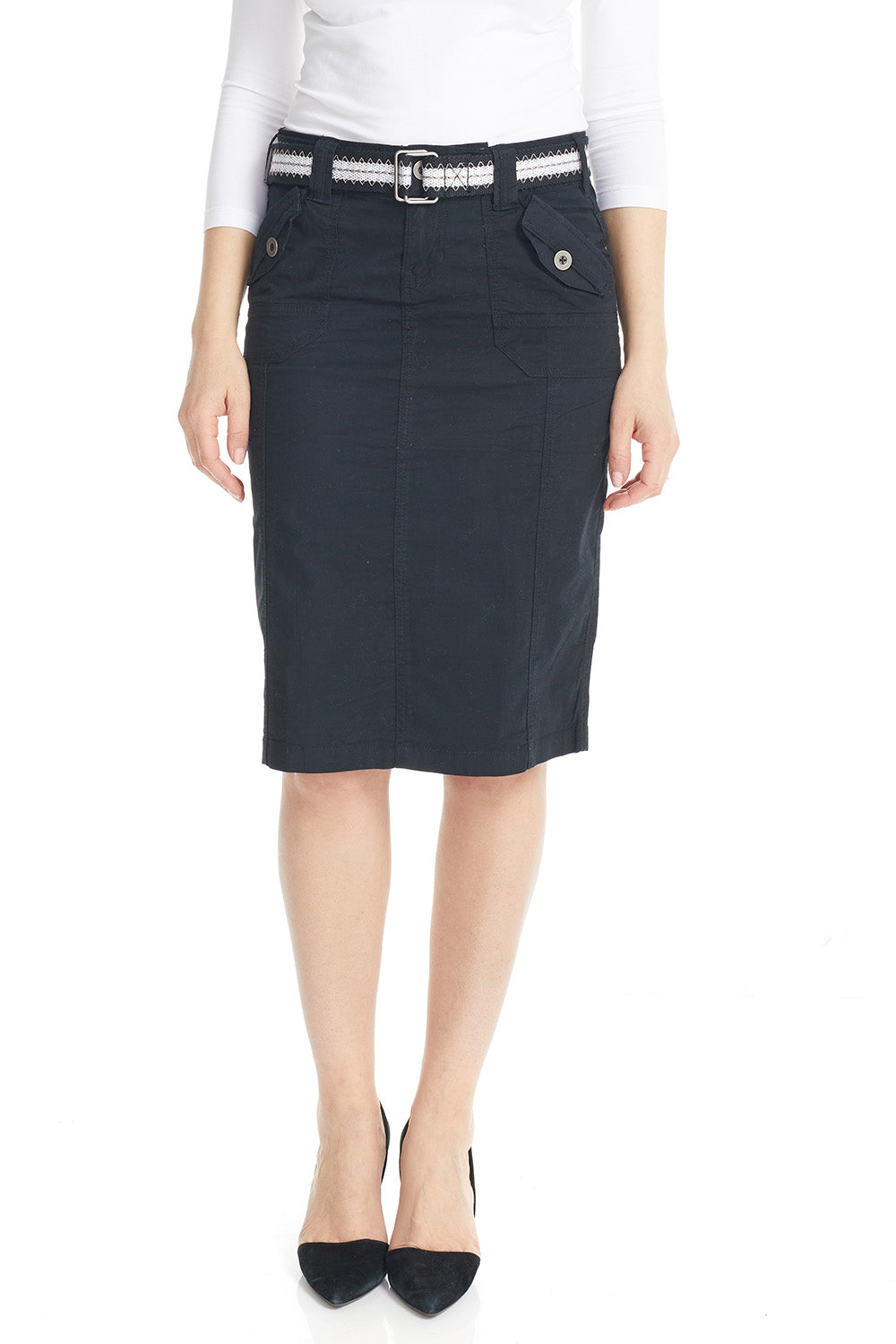 black Stretchy Cargo Knee Length Pencil Skirt for Women